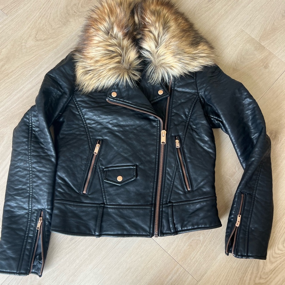Marc New York Black Faux Leather Moto Jacket with Tan Faux Fur Collar